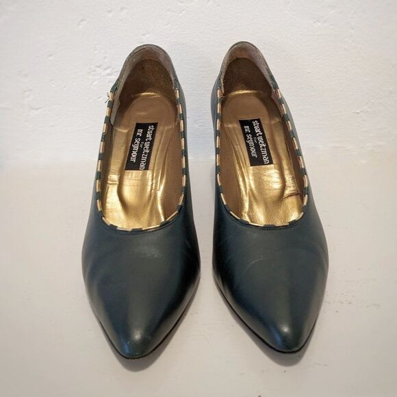 VINTAGE 80s STUART WEITZMAN for Mr. Seymour Forest Green Gold Chain Pumps Sz. 11 - Picture 6 of 12
